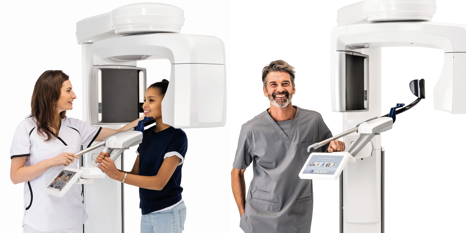 Kvinner tar bilde av jente i moderne røntgenutstyr, Mann med røntgenutstyr. Dental