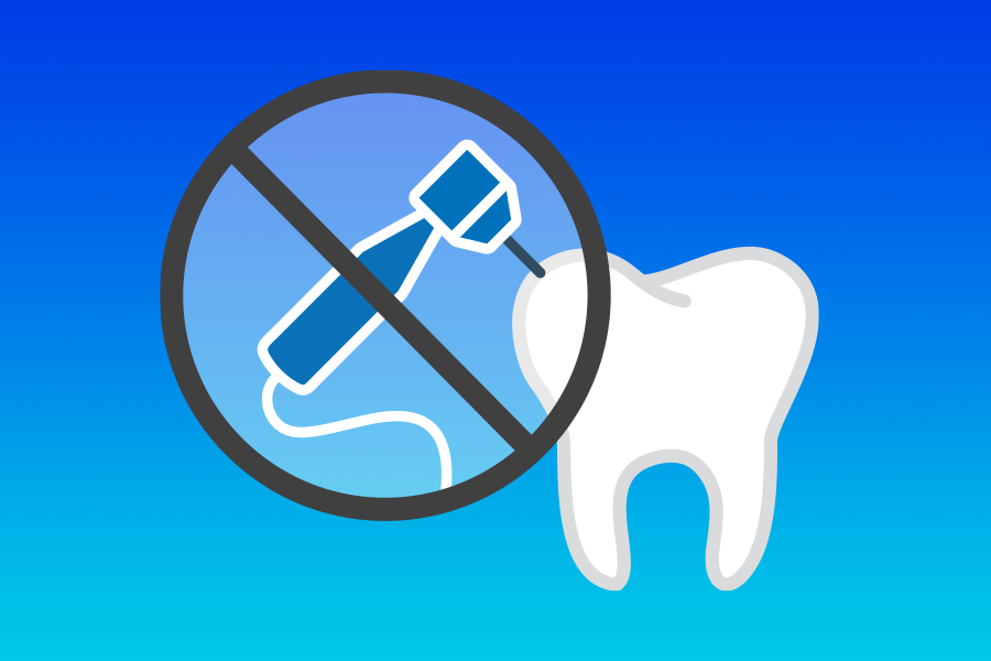 An illustration of a drill crossed out near a tooth in a blue background