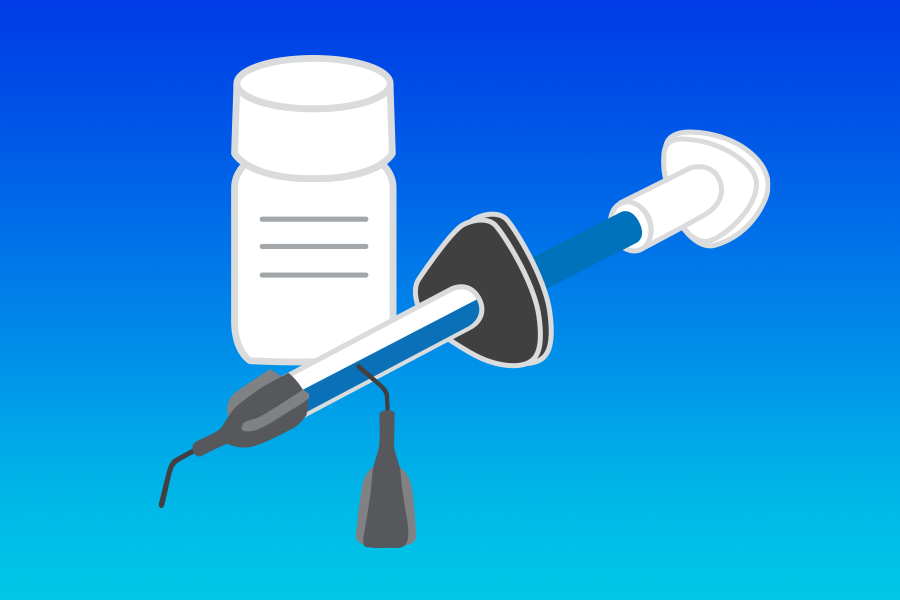 An illustration of a flowable syringe, syringe tip and capsule bottle in a blue background